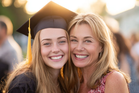 A high school graduate girl hugs her mother with a bright smile on her face. They are surrounded by guests celebrating the graduation during the golden hour at their school.の素材