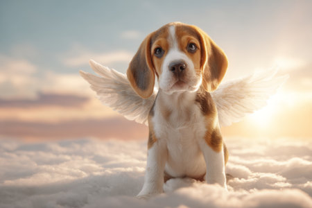 A beagle puppy sits on a soft cloud, looking directly at the camera. The puppy has angel wings. The scene is lit by golden hour light with a pastel sky in the background.の素材