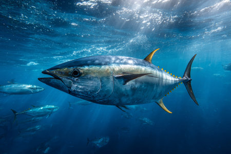 Yellowfin tuna glides through deep blue water in an underwater scene. Sunlight penetrates the surface, revealing marine life. This moment highlights the beauty of aquatic ecosystems.の素材