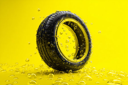 Water droplets surround a tire set against a bright yellow background. The scene captures a commercial feel with vibrant colors and strong depth, highlighting the tires design.の素材