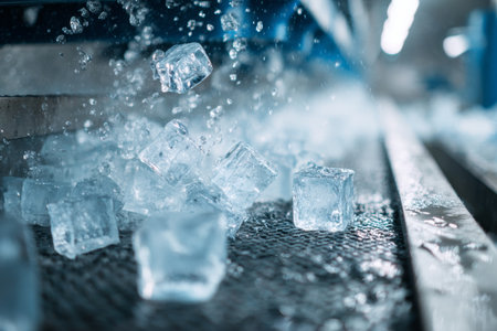 Ice cubes are released from an industrial mold and fall onto a conveyor belt. Water splashes as they land. The scene shows an active processing area in a factory.の素材
