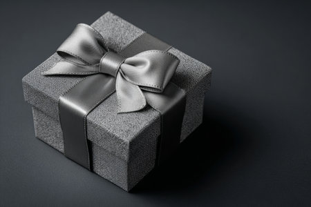 A gift box is wrapped in textured paper and features an oversized bow. The setting is a studio with a solid charcoal background. Shadows are crisp and clear.の素材