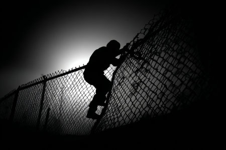 A shadowy figure climbs over a metal fence in a dark setting. The scene suggests a nighttime act of trespassing or illegal entry. The atmosphere feels tense and uncertain.の素材