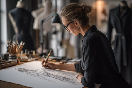 A fashion designer works on sketches for a high end collection in a stylish studio filled with tools and inspiration. The designer focuses on each line and detail of the work.の素材