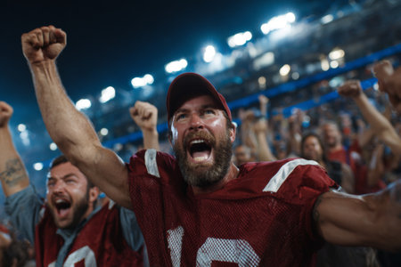Crowd erupts in celebration as they cheer for their team during a thrilling football game at the stadium under bright lights. Fans show passion and energy.の素材