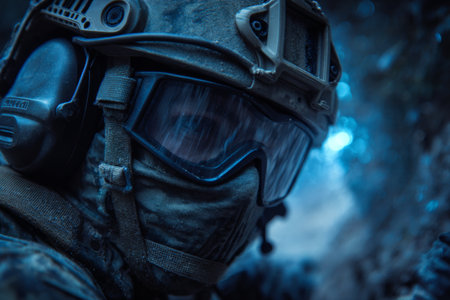 A soldier, wearing tactical gear and protective eyewear, prepares for a covert operation in a war zone. The setting reflects tension and focus, highlighting espionage activities.の素材