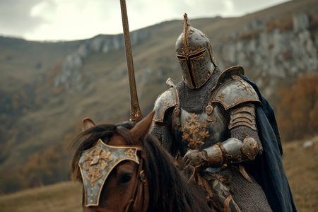 A medieval knight clad in armor sits firmly on a majestic horse in a scenic landscape. The knight carries a sword and shield, poised for action in a historical setting.の素材