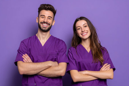 Two young dentists stand side by side in matching surgical uniforms. They have relaxed smiles and a positive demeanor, highlighting their friendly approach to patient care in a vibrant setting.の素材