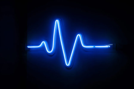 A vibrant blue neon sign of a heartbeat line illuminates a dark space, creating a striking contrast and conveying a sense of vitality and rhythm in a contemporary environment.の素材