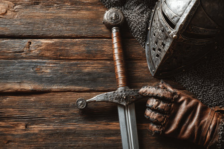 An ancient knight sword rests beside a vintage helmet on a wooden table.の素材
