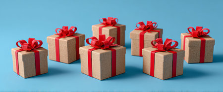 Small cardboard boxes decorated with red ribbons and bows sit on a vibrant blue surface. The gifts are arranged neatly, creating a cheerful and inviting scene.の素材