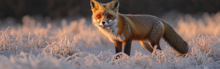 A wild red fox is poised in a frost-covered field as dawn breaks. The chilly air reveals the fox's breath, adding to the serene atmosphere of the early morning.の素材