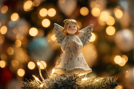 A small angel figurine with golden hair and delicate wings sits atop a Christmas tree. Warm lights and colorful ornaments create a festive atmosphere in the living room.の素材