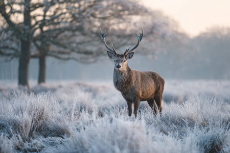 A strong stag with antlers poses in a frosty meadow at dawn. The soft light highlights the beauty of the winter landscape and surrounding trees.の素材