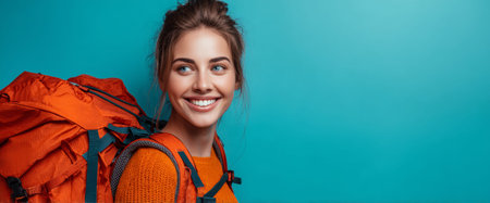 Bright scene featuring a woman wearing an orange sweater and carrying an orange backpack. She has a joyful expression, ready for adventure against a vibrant blue backdrop.の素材