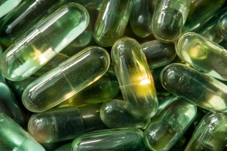 Artistic macro shot showcases translucent green capsules illuminated by soft backlight, revealing intricate textures and colors, emphasizing their unique form and composition.の素材