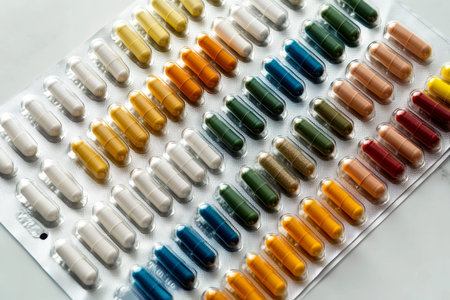 A well-arranged weekly vitamin planner displays an array of capsules, each designated for specific days. The vibrant colors provide a clear and effective guide for daily supplementation.の素材