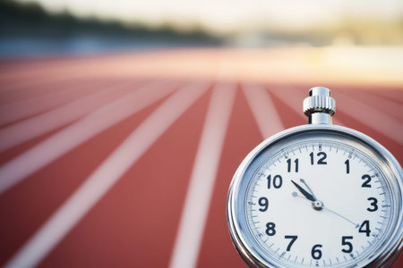 A close-up view of a stopwatch shows the seconds ticking away, while a dynamic running track fades into a smooth blur, hinting at intense athletic activity in motion.の素材