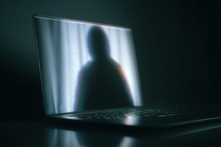 A laptop shows the reflection of a shadowy figure on its screen. The setting is dark, enhancing the focus on the device. This scene evokes themes related to cybercrime and online threats.の素材