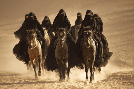 Multiple Arab women wearing black dresses and keffiyehs ride horses across golden sand dunes. The scene captures dynamic movement and detailed fabrics in bright sunlight.の素材