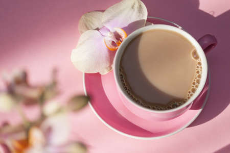 Pink cup of coffee and orchid flower on pink background. Top view.の写真素材