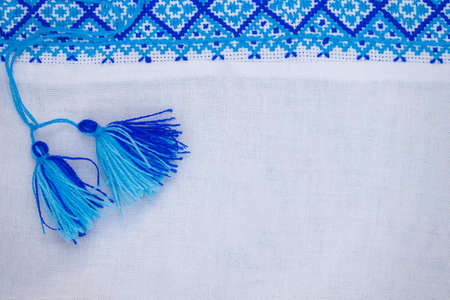 White embroidered shirt, flat lay, copy space. Concept ethnic fashion.の写真素材