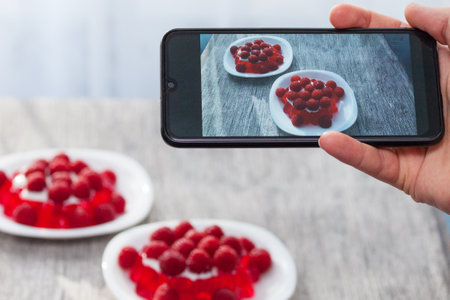 Food photography of fruit jelly with raspberries. Home made food photo for social networks.の写真素材