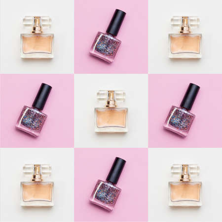 Bottles of nail polish with sequins and glitter and bottles with parfume on pink background. Collage, puzzles, pattern.の写真素材
