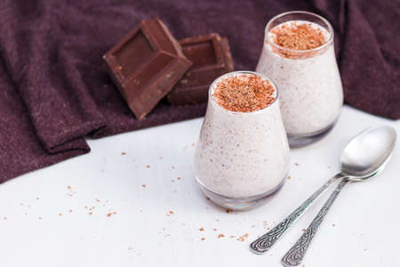 Chocolate chia pudding in glass. Healthy organic snack with omega 3.の写真素材
