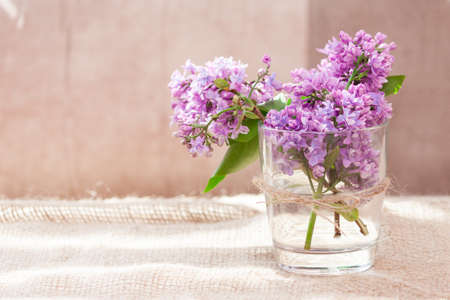 Purple and pink lilac flowers in a glass vase. Bouquet of lilac for mother or wife concept. Copy space.の写真素材