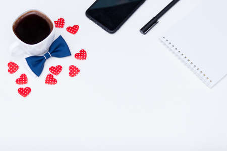 Cup of black coffee for father, hearts on white background. I love you DAD concept. copy space, flat lay.の写真素材