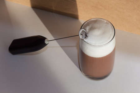 Milk foam maker. Mini blender, frothers for coffee, latteの写真素材