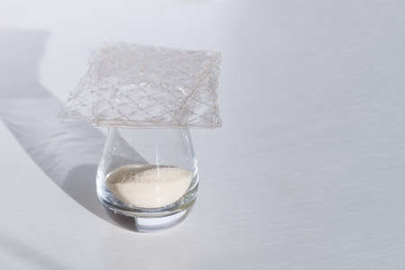 Different types of gelatin powders and sheets on white table.