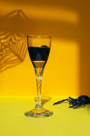 Halloween minimal concept, idea. Spider net shadow, glass, spider on yellow table.の写真素材