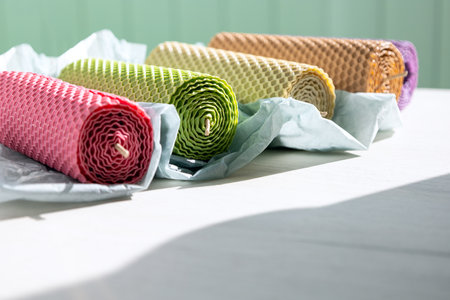 Candles made of beeswax on white table in sunny day.の写真素材