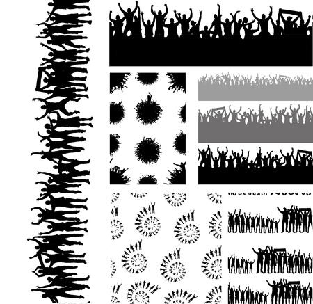 Big set of seamless repeating patterns of crowds and people silhouettesのイラスト素材