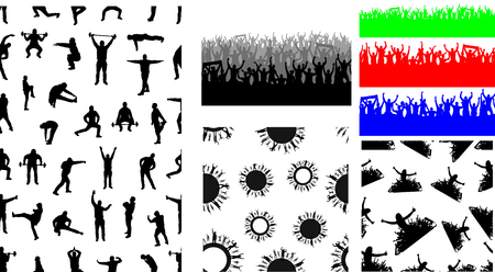 Big set of seamless repeating patterns of crowds and people silhouettesのイラスト素材
