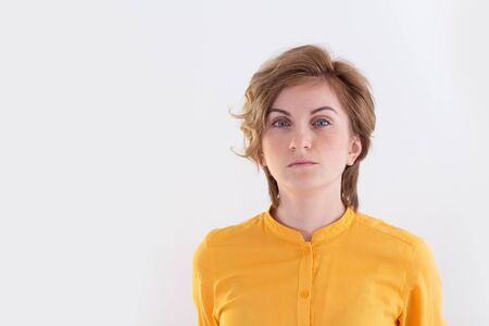 Close-up portrait of her she nice attractive lovely wavy-haired girl thinking creating new plan isolated over bright vivid shine white color backgroundの写真素材