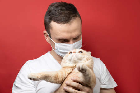 Portrait of a man with a surgical mask with a catの写真素材