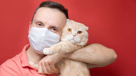 A man wearing a surgical mask and holding a catの写真素材