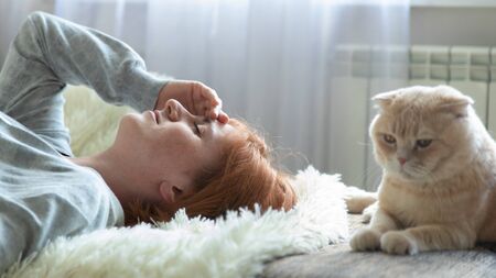 Woman alone, lying on a sofa alone in a room. Next to her cat. Depressed young woman at home. Stressed unemployed women. Depression, frustration and pain.の写真素材