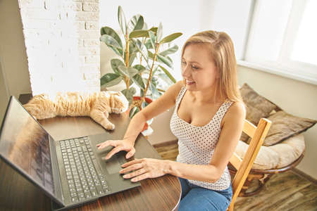 A woman in home clothes works on a computer in front of a monitor in a home atmosphere. Flexible working hours and remote work. Clouse-upの写真素材