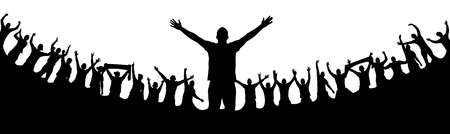 Crowd of fans. Happy people have fun celebrating. Thumbs up. Group of friends.A crowd of cheerful people at a party, holiday.The applause of the people, hands up.Silhouette Of A Vector Illustrationのイラスト素材