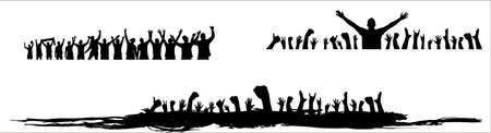 Crowd of fans. Happy people have fun celebrating. Thumbs up. Group of friends.A crowd of cheerful people at a party, holiday.The applause of the people, hands up.Silhouette Of A Vector Illustrationのイラスト素材