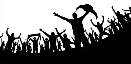Abstract silhouette of a boxer-fighter on a white background. A crowd of fans, extras. The boxer is the winner.のイラスト素材