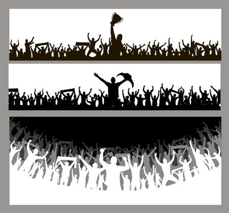 Football poster with the winning football team with the Cup in their hands and fans, vector illustration. Fans, a crowd of people.のイラスト素材