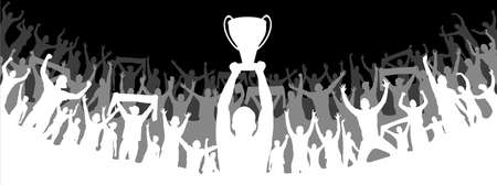 Football poster with the winning football team with the Cup in their hands and fans, vector illustration. Fans, a crowd of people.のイラスト素材