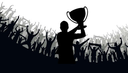 Football poster with the winning football team with the Cup in their hands and fans, vector illustration. Fans, a crowd of people.のイラスト素材