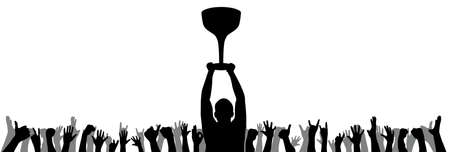 Cheerful crowd of people silhouette. Victory in the sports championship, the man holds the cup. Applause, fans crowd. Poster, emblem, symbol, bannerのイラスト素材