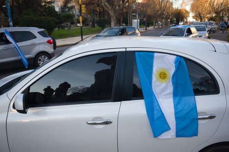 Mar del Plata, Argentina - July, 2020: People  celebrate Independece Day of Argentina with waving national flags.のeditorial素材